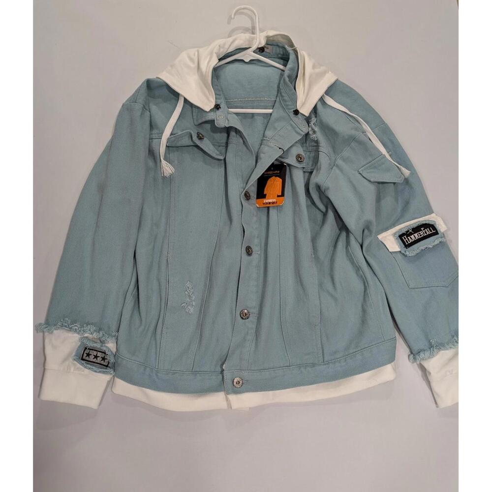 NWT Mens StreetPit Removable Hood ATS Rock Patches Blue Denim Jacket Size Large
